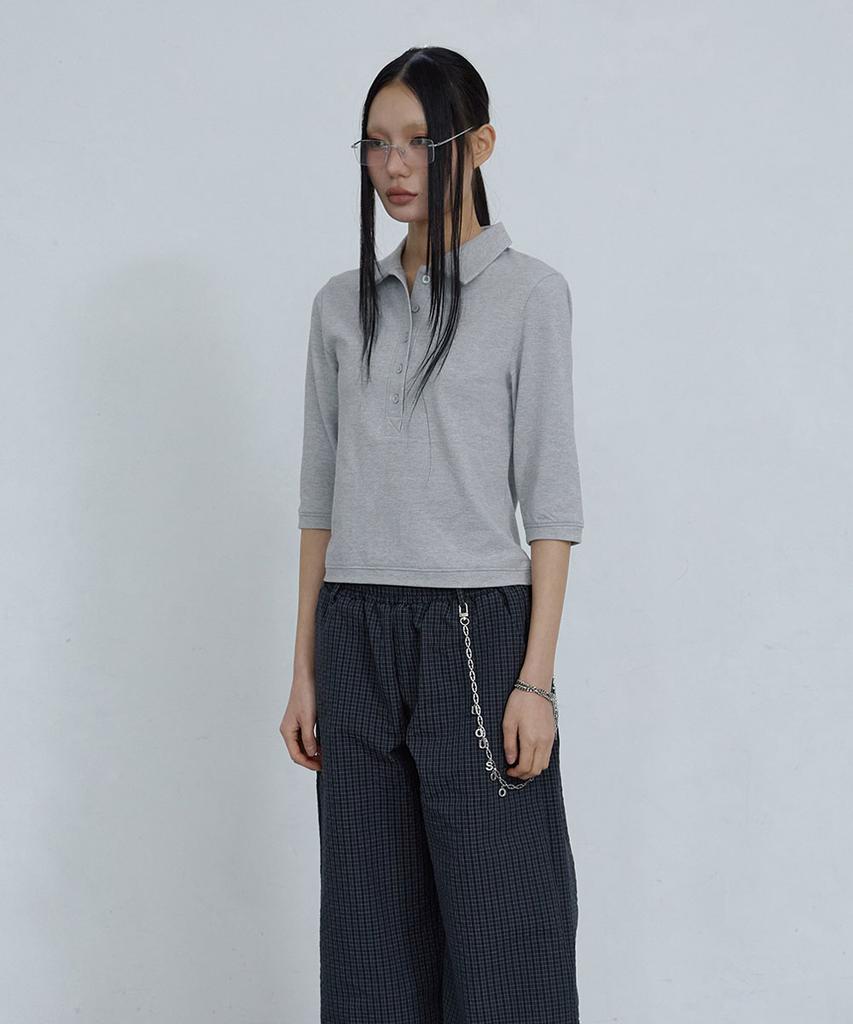 Uusoo Cotton Pique Long Sleeve Top_ Melange Gray