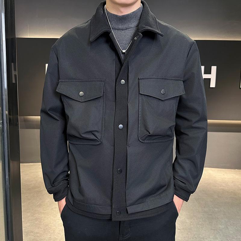 Black Lapel Jacket Tooling Men's Spring and Autumn Solid Color Coat Top Versatile Loose Simple Casual