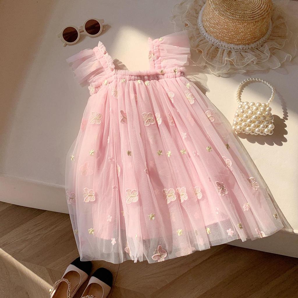 Butterfly Embroidered Mesh Dress: Summer 2025 Baby Girl Princess Puff Sleeve Skirt
