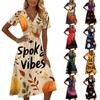 Womens Casual Halloween Printed Short Sleeve V Neck Dress Midi Length Comfortable Fit Seasonal Dress for Autumn and Fall