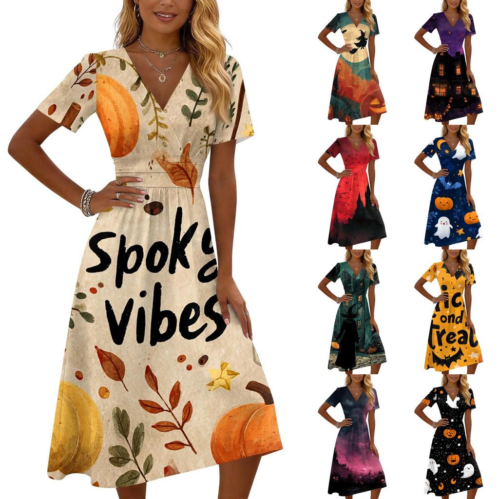 Womens Casual Halloween Printed Short Sleeve V Neck Dress Midi Length Comfortable Fit Seasonal Dress for Autumn and Fall