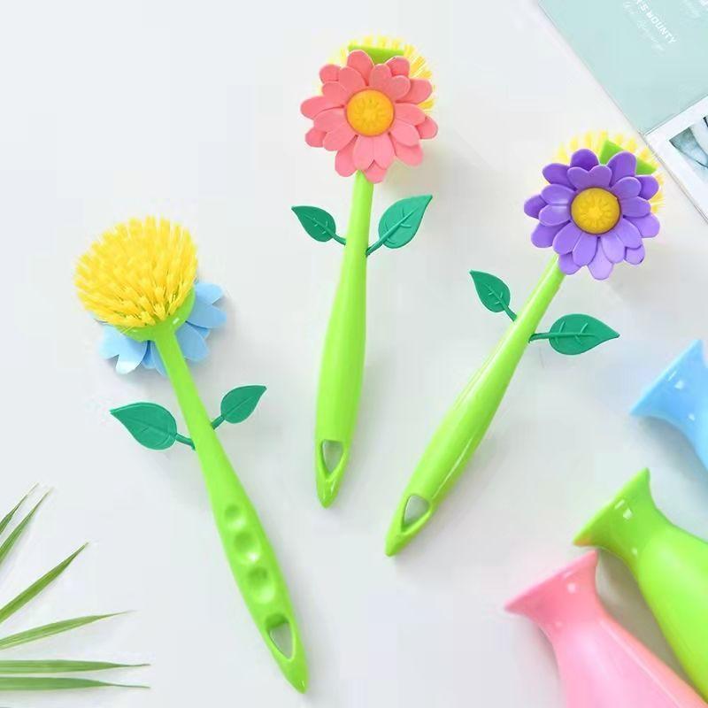 Hand Washed Pot Brush Bowl Brush with Handle Long Brush for Washing Dishes Pot Brush Kitchen Cleaning Supplies, Sunflower Brush