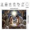 2D Religious Nativity Scene Backdrop, Jesus Birth in Manger with Sheep & Star Christmas Background