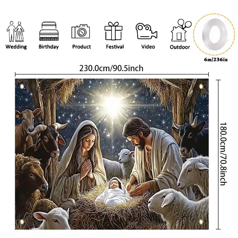 2D Religious Nativity Scene Backdrop, Jesus Birth in Manger with Sheep & Star Christmas Background