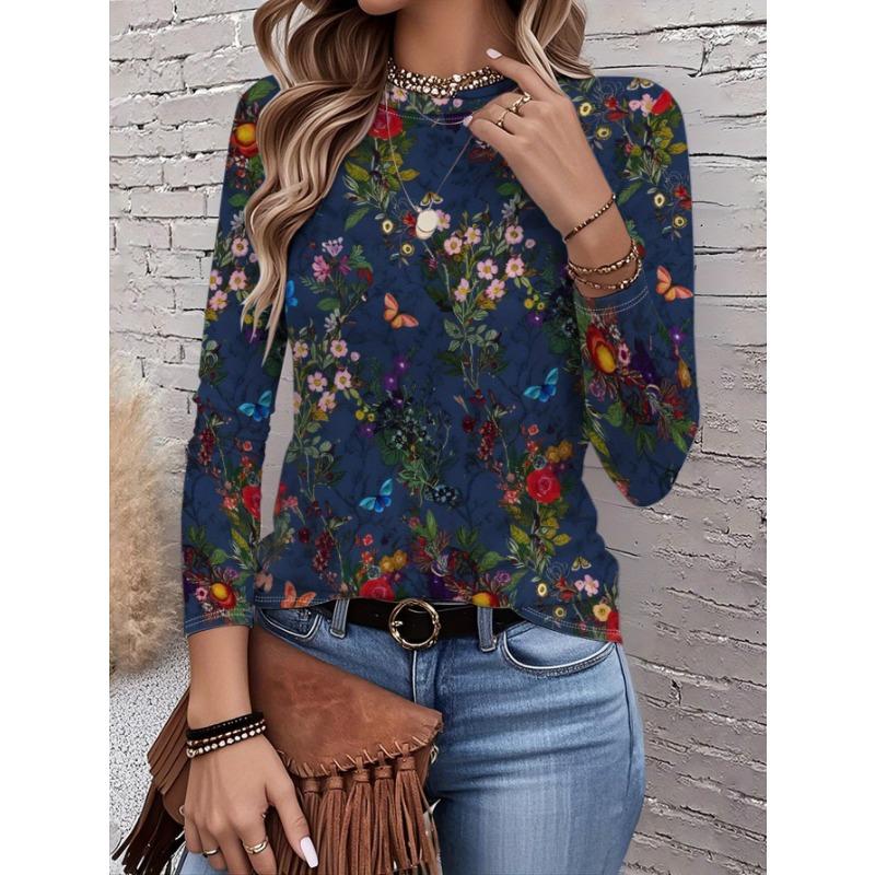 2026 New Women's Fashionable Long-Sleeved T-Shirt with Retro Floral Pattern, Perfect for Everyday Wear and Stylish Outfits