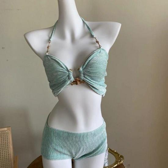 Mintgrüner Sexy Geraffter Dreiteiliger Bikini für Damen