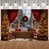 Christmas Photography Backdrop Santa Claus Window Snow Forest Xmas Tree Red Curtain Girl Portrait Photoshoot Backdrops Props1