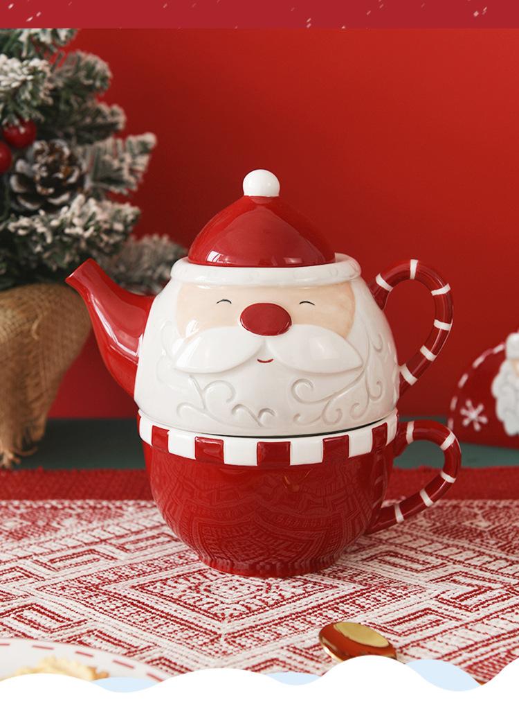 BRChristmas Ceramic Teapot  Tea Cup Set  European Embossment Ceramic Teacup Tea Pot Set Festival Decorative Tea Set  Holiday GiftEY