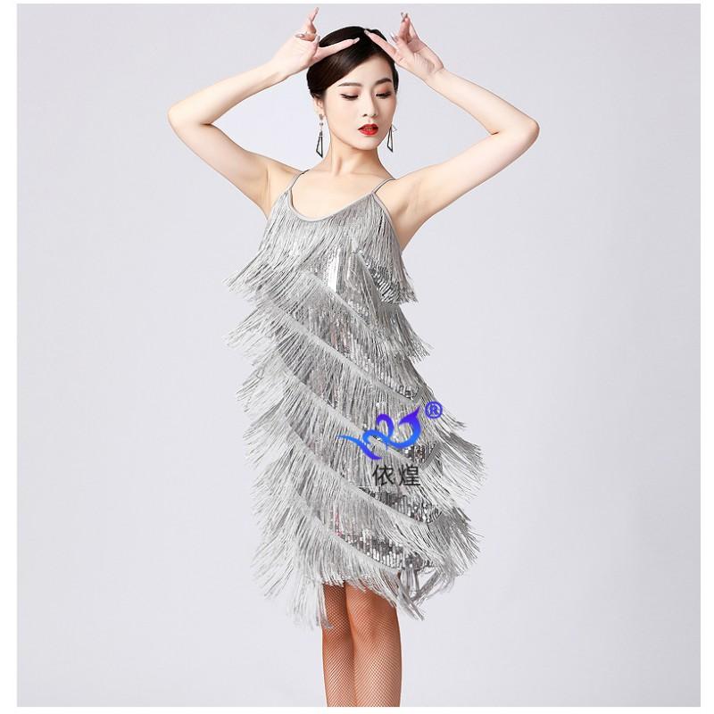 Latin Dance Sequin Tassel Dress Stage Performance Competition Party Gown Women