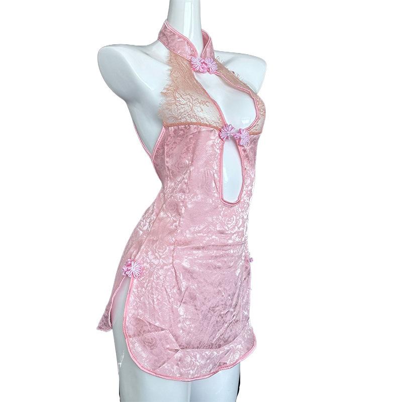 Sexy Retro Cheongsam Free Sex Underwear Women's Side Split Mesh Transparent Lace Large Size Uniform Temptation