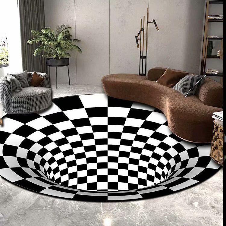 3D Vortex Illusion Round Carpets for Living Room Decoration Black White Grid Carpet Large Area Rugs Bedroom Entrance Door Mat