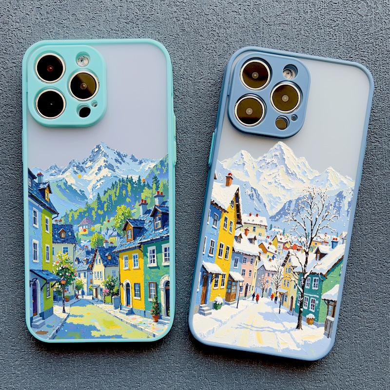 Street View Snow Mountain Town Phone Case For iPhone 16 15 14 Pro Max Plus 13 12 Mini 11 Pro Max 7 8 Plus SE2 XR XS X Back Cover