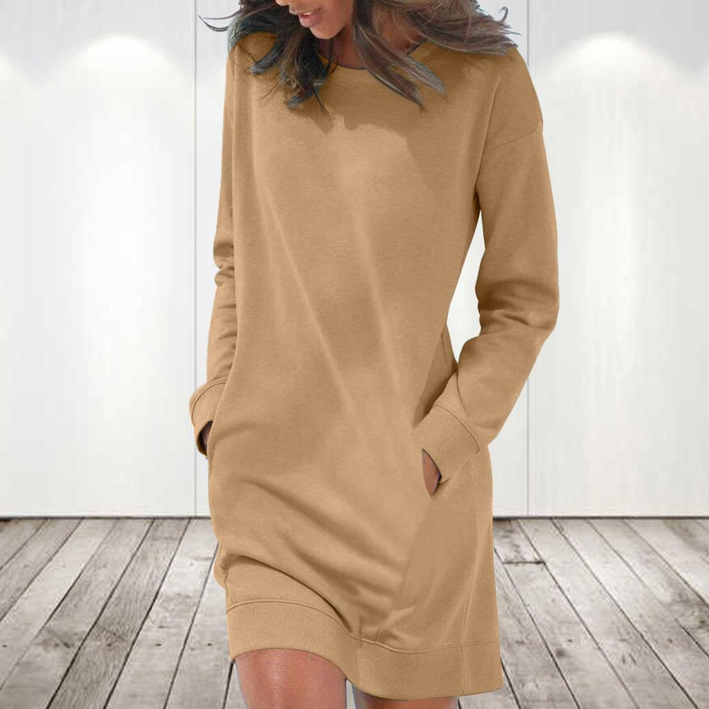 Damen Lässiges Farbe Langarm Rundhals Tasche Kleid