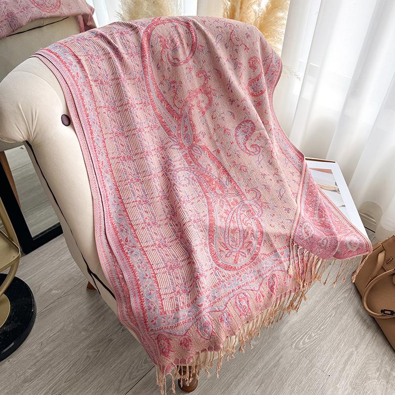 Jacquard Scarf Shawl Tassel Cashew Jacquard Ethnic Style Scarf Women's Autumn and Winter Retro Scarf Warm and Cold-proof Shawl