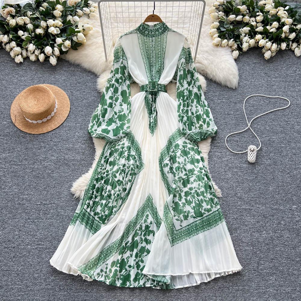 High-end temperament dress women's new French strap waist lantern sleeve positioning printing pleated long skirt