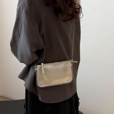 Fashion Women PU Leather Small Zipper Sling Shoulder Bag Diamond Decor Solid Color Chain Crossbody Bag