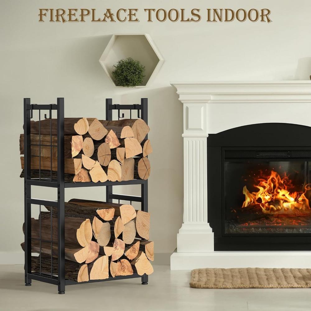 2-Tier Firewood Holder with 4 Hooks Heavy Duty Indoor Outdoor Rack for Fireplace, Fire Pits,Stoves Black Wood Storage Organizer