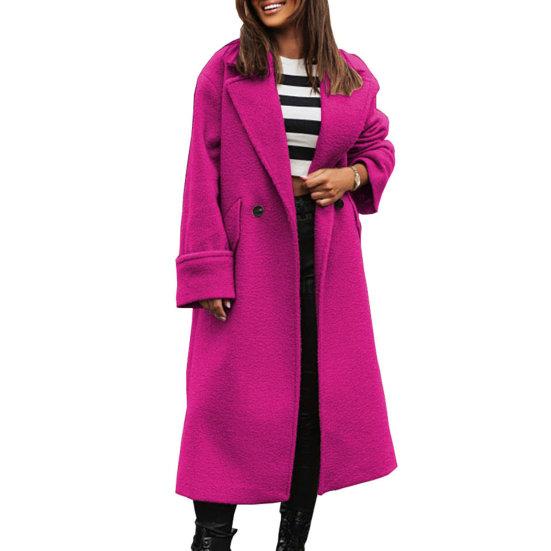 Damen Herbst-Wintermantel, Revers, lockerer langer Stil, einfarbig, dicke Strickjacke, warm, winddicht, Taschen, Doppelknöpfe, langärmelig, Damenmantel, Oberbekleidung