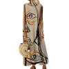Art abstract face line printing sleeveless crew neck long dress loose meat cover holiday vest dress