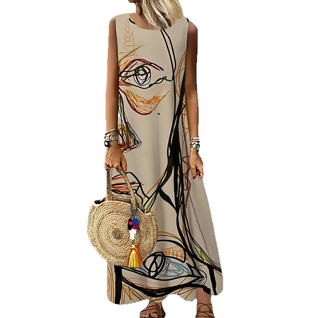Art abstract face line printing sleeveless crew neck long dress loose meat cover holiday vest dress