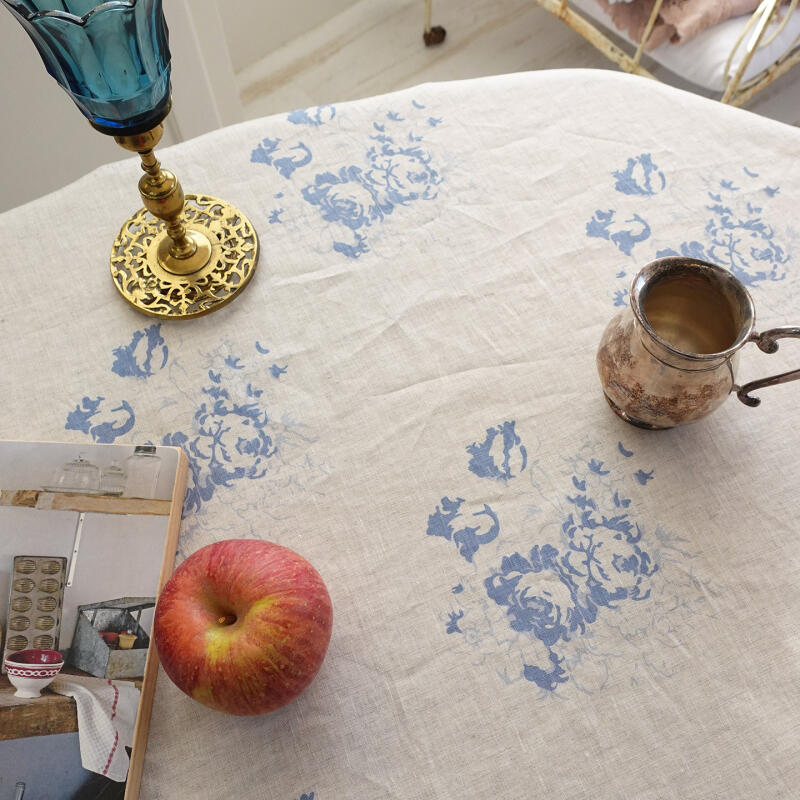 Blue French Rose Linen 2-Person Tablecloth/Tablecloth 100x130 Off-White (100x130)