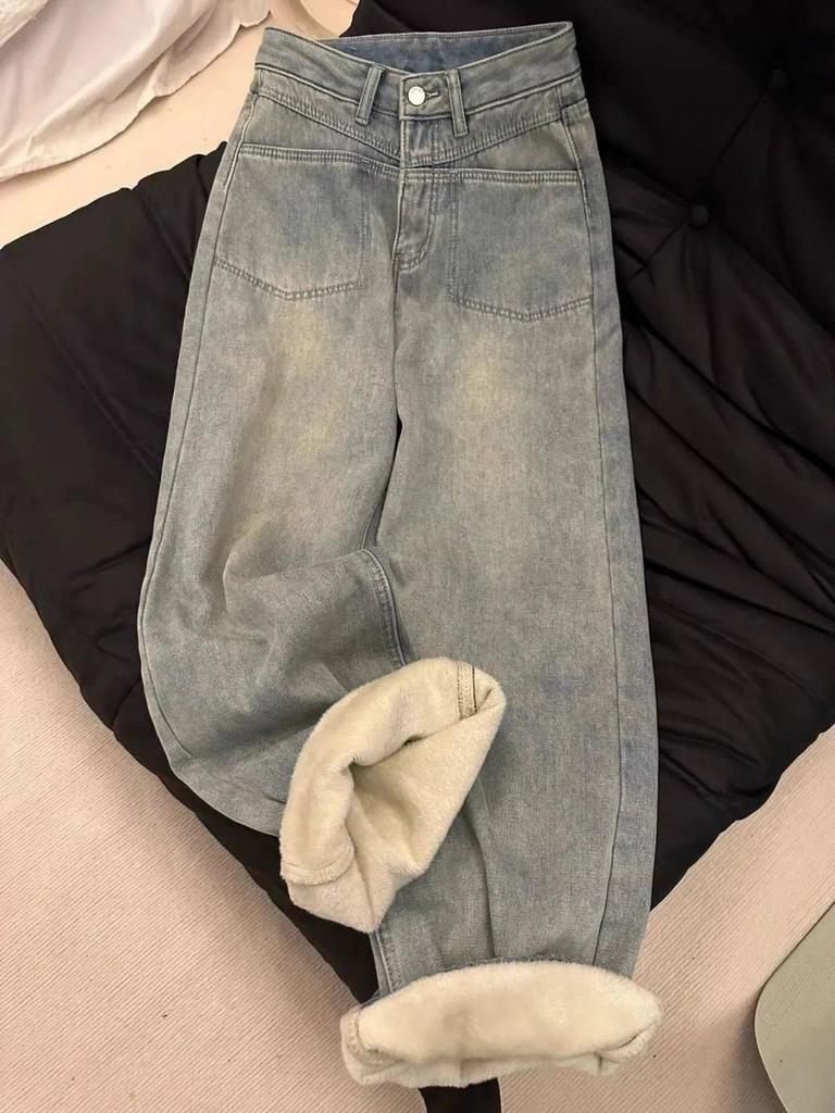 Fleece-Lined Thickened Wash Slim-Fit Wide-Leg Floor-Length Straight Jeans for Autumn/Winter