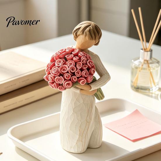 Flower Bouquet Resin Art Girl Holding Figurine, Faceless Lady Statue, Romantic Desktop Ornament for Small Statue Entryway Table Living Room