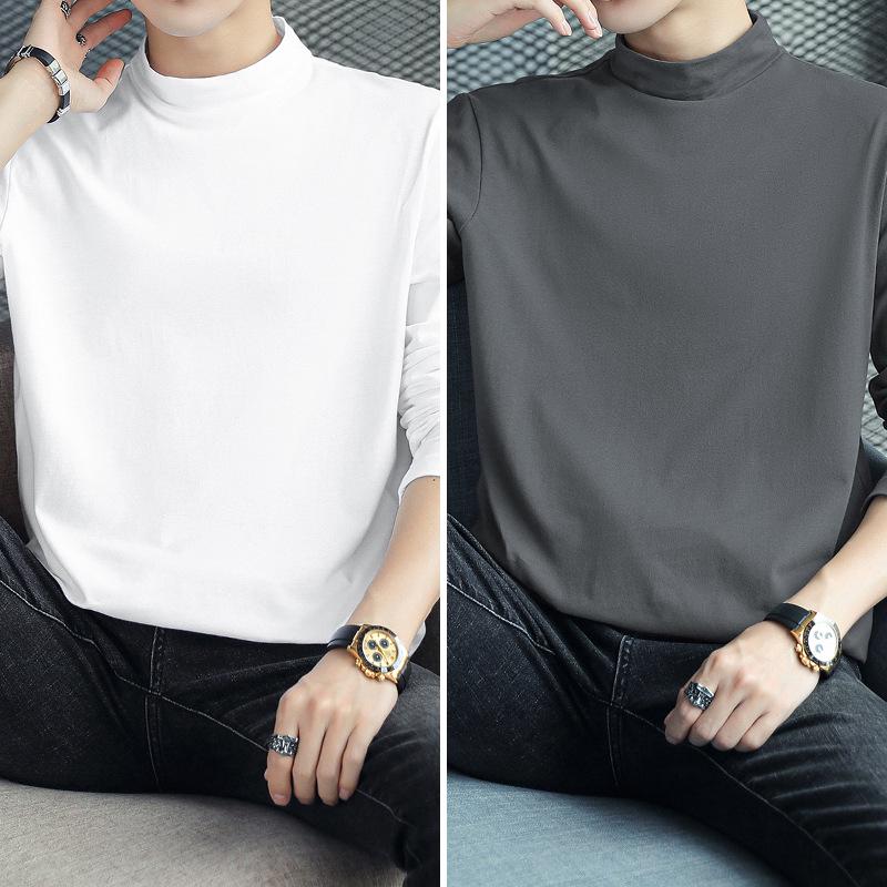 Men's Long Sleeve Cotton T-Shirt, Semi-High Neck, Solid Color Base Layer for Autumn/Winter