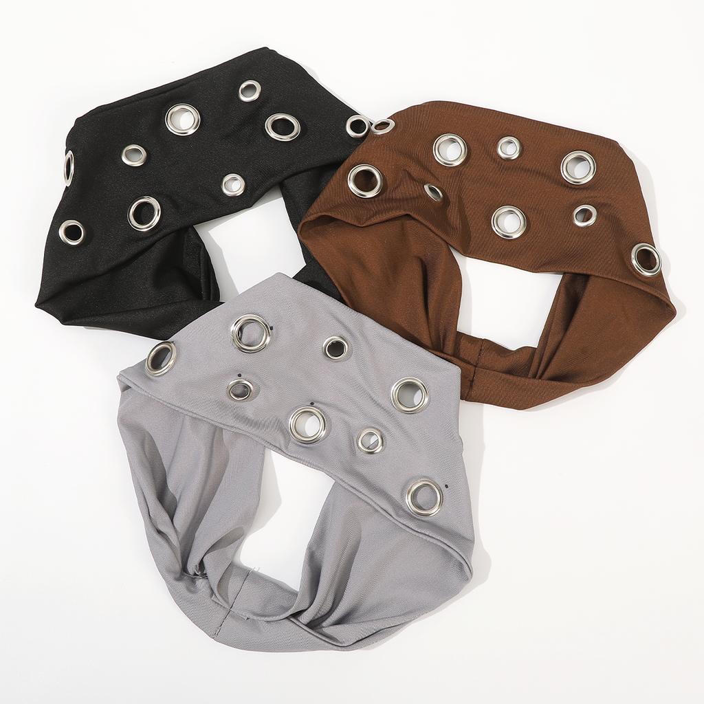 AWAYTR Punk Girl Hollowed Out Eyelets Wide Elastic Headband Stretchy Metal Rock Sports Grommet Headband Hair Accessories