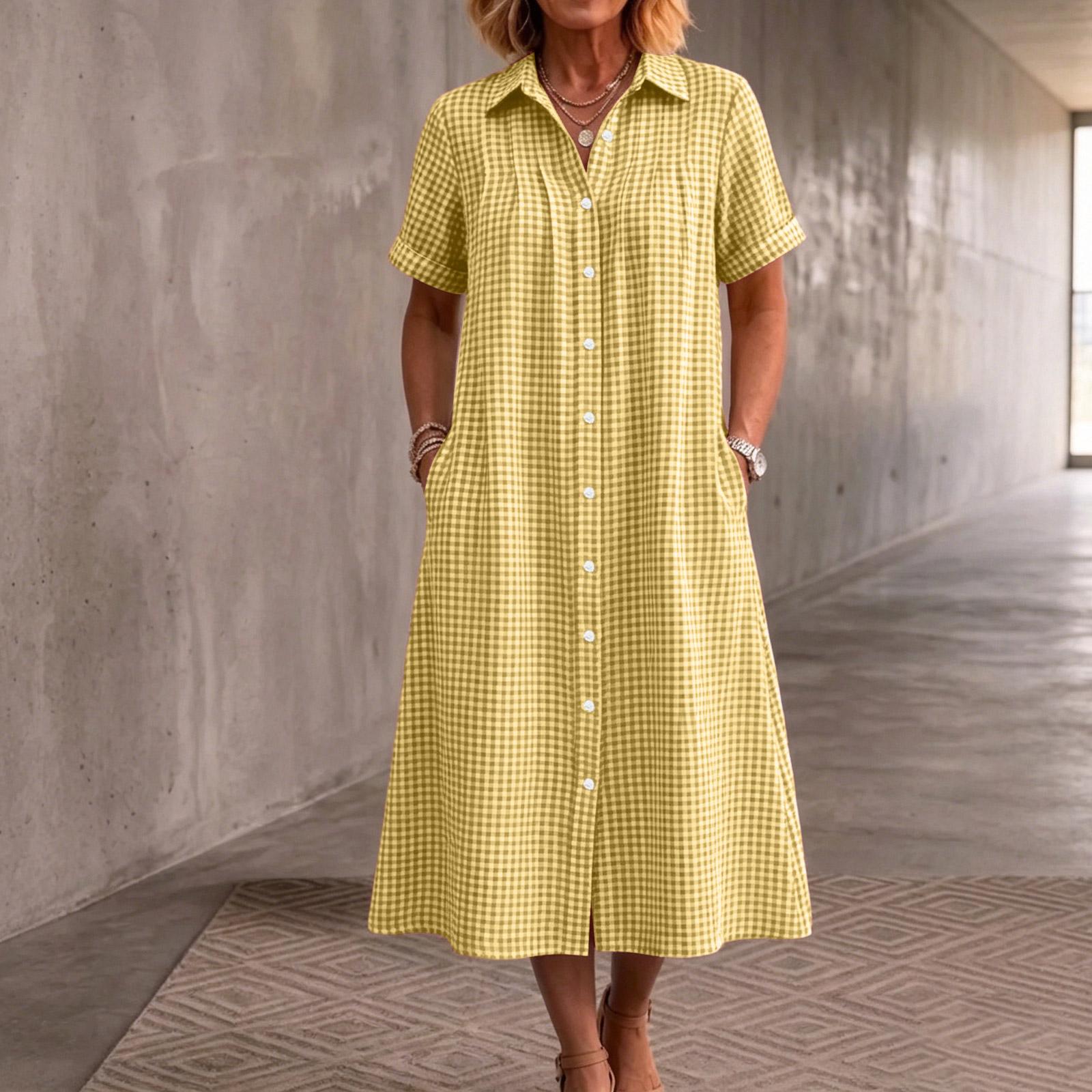 Damen Karriertes Kurzarm-Hemdblusenkleid Button-Down mit Kragen Midi-Kleid mit Taschen Lässiger Lockere Passform Sommerkleid XXL gelb