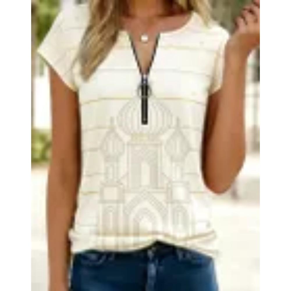 Women's Polo Shirt with Fashionable Zipper and Geometric Design, Suitable for Daily Casual Wear