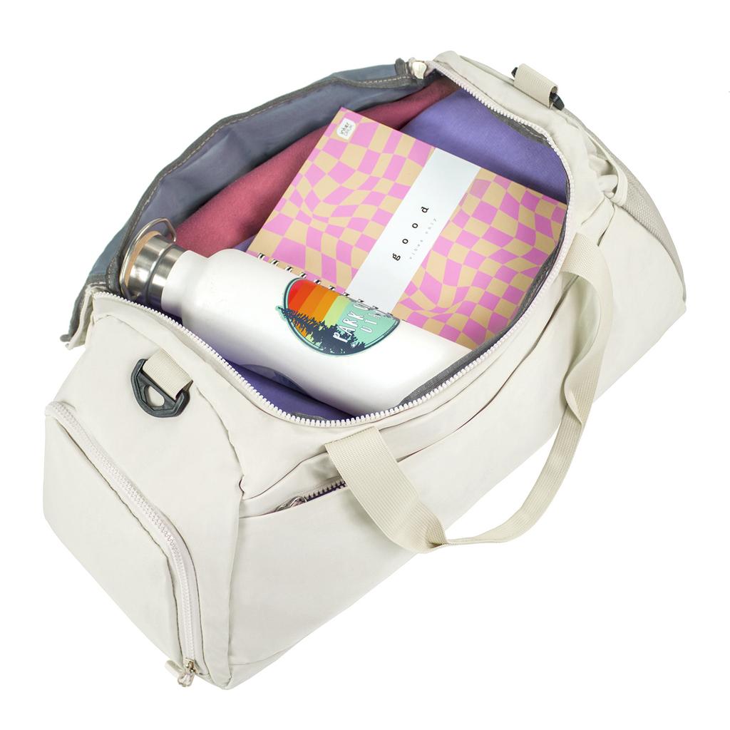 Large ecru sports travel training bag, hand luggage, tourist bag