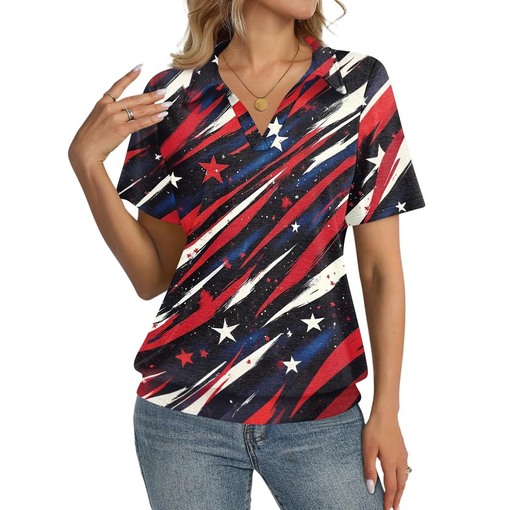 Women's Casual Short Sleeve Polo Shirt with Independence Day Star Print Collar Top Lightweight Summer Tee