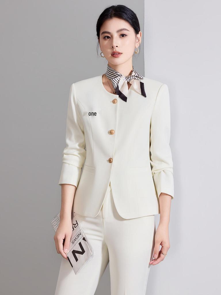 Women's Beige Suit Set: Elegant Spring/Autumn Formal Attire for Announcers, Hosts, or Salon Receptionists