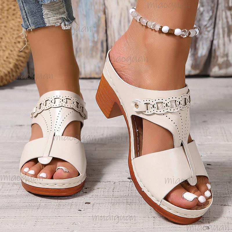 Women's Comfort Chunky Heeled Sandals Summer 2025 Roman Style Pu Leather Casual Slippers Woman Slip On High Heel Sandalias Mujer