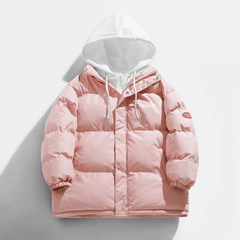 

Winter New Bread Clothes Cotton-padded Clothes Men s Short Thickened Cotton-padded Jackets Loose Trend Cotton-padded Clothes Hooded Fake Two Pieces M розовый