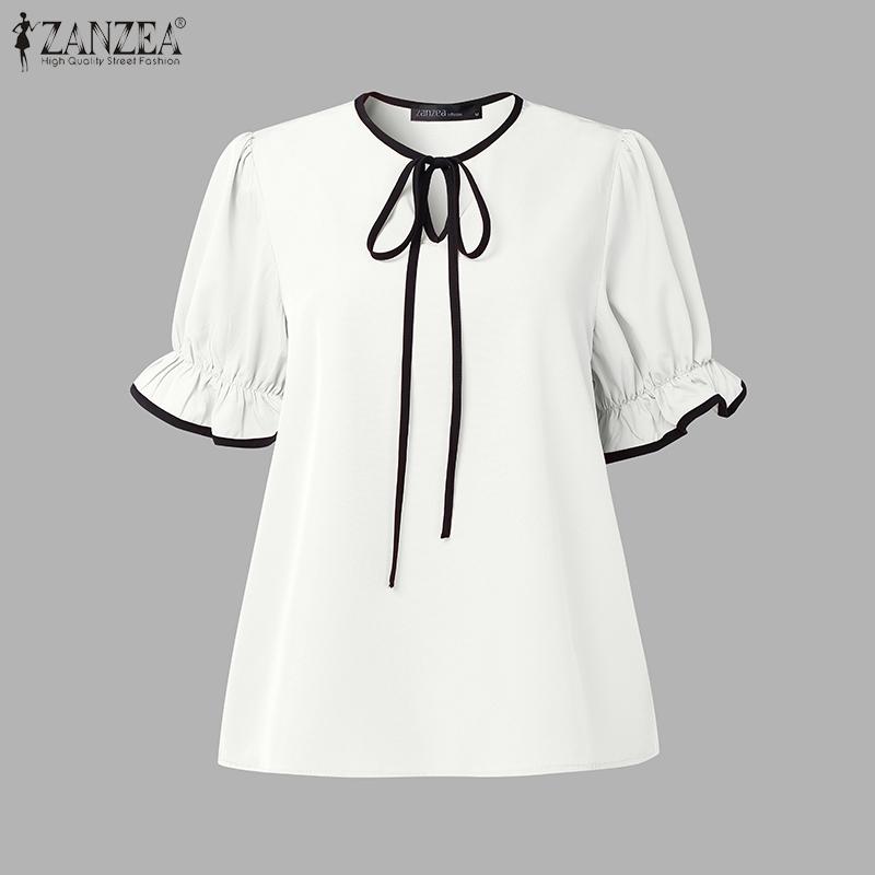 

ZANZEA Women Bow Knot Neck Puff Sleeve Stitching Elegant Casual Blouse S білий
