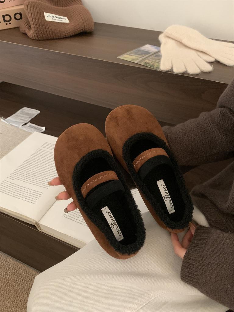 Flat-bottomed Velvet Birkenstocks Single Shoes Women's Autumn and Winter Outer Wear Retro Word Belt Mary Jane Love Fluffy Shoes Cotton Shoes