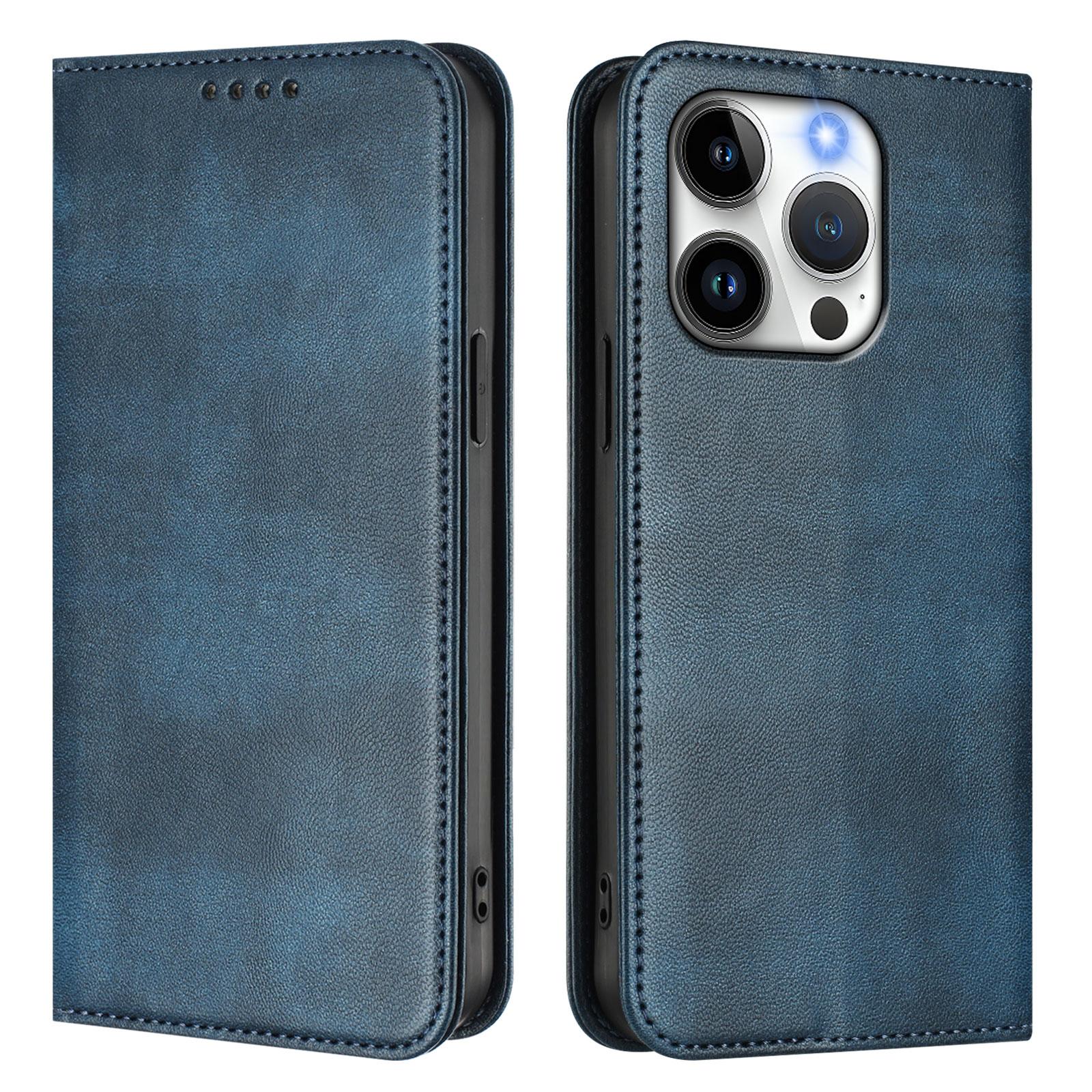 

For iPhone 15 Pro Wallet Cases Retro Texture RFID Blocking Leather Phone Cover Blue