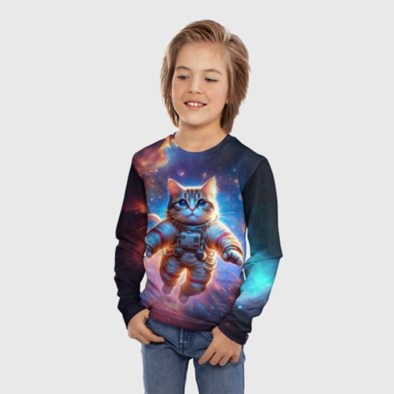 Children's Cartoon Animal Kitten Print Multi-color Print T-shirts Boys Cute Long Sleeved Soft Comfortable Top
