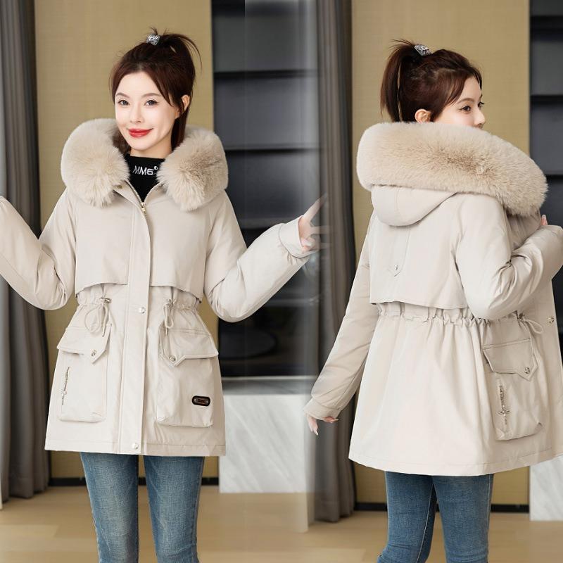Women's new winter versatile cotton clothes, fleece hooded jacket, big fur collar warm cotton-padded clothes, women's cold protection