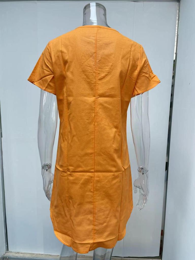 2025 Summer Solid Color V-Neck Cotton Linen Short Sleeve Dress for Women