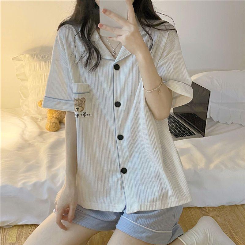 Letní pyžamo Dámské šortky s krátkým rukávem Mašle Volný Cardigan Léto lze nosit jako sadu domácího oblečení