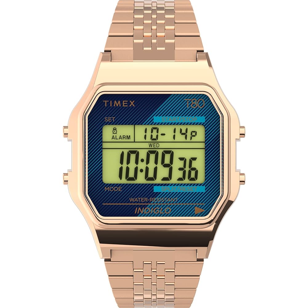 Timex T80 34 мм Цифровые часы-хронограф Розовое золото Нержавеющая сталь Синий