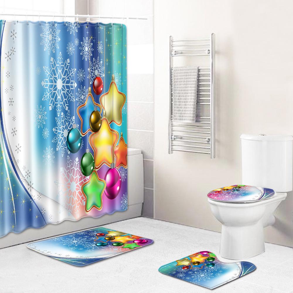 Christmas Waterproof Shower Curtain Four-Piece Combination Floor Mat Entrance Door Mat Bedroom Living Room Carpet