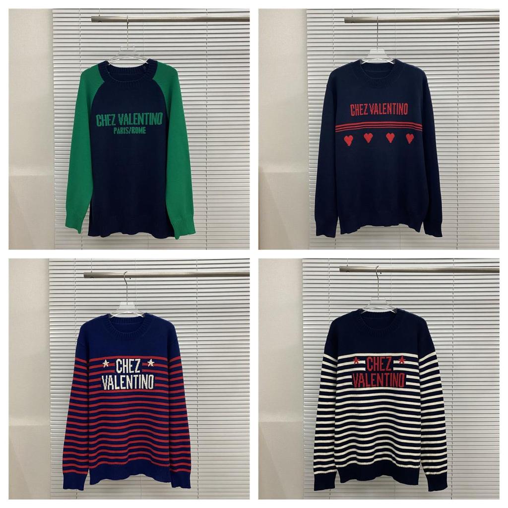 VT Valentino Unisex pletený svetr: 25 stylů, volný střih, kulatý výstřih, žakárové logo s písmenem na hrudi.