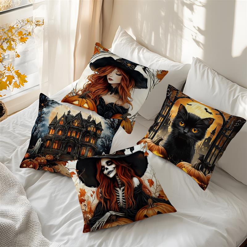 Home Decor Halloween-themed Witch & Cat Pattern Pillow Covers Pattern Cushion Cover Suitable for Sofa Bedroom Car Pillow Cover