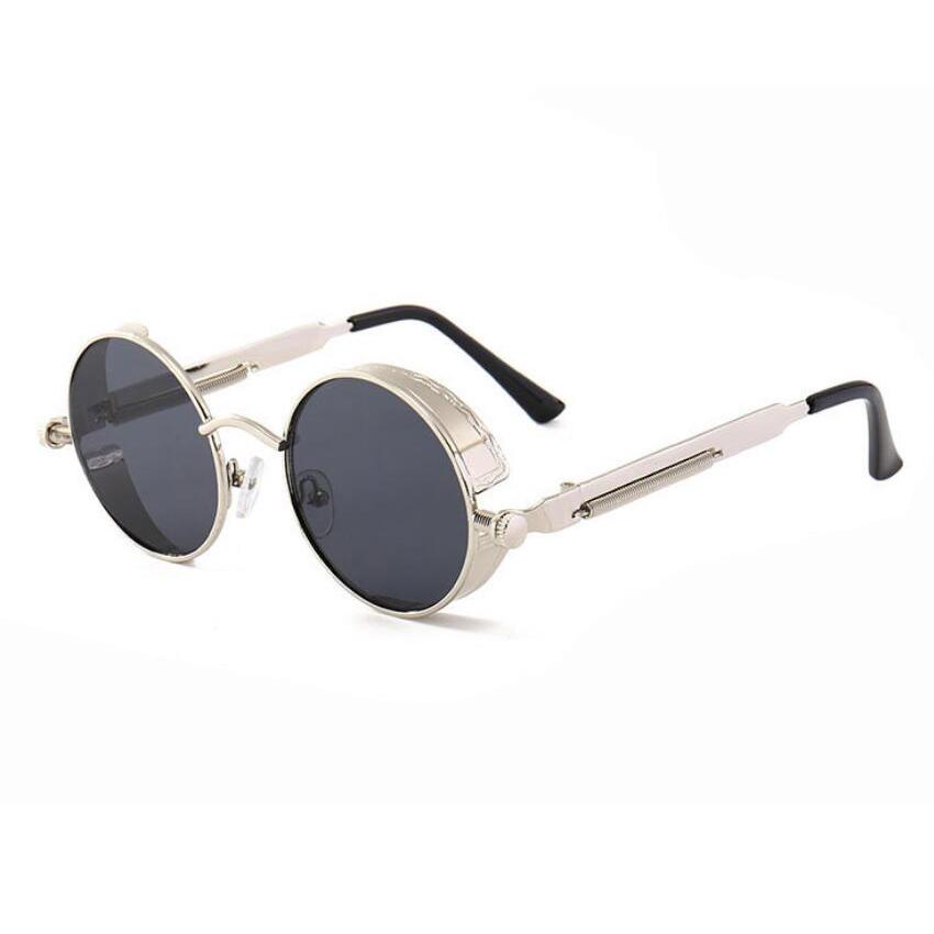 FOENIXSONG Steampunk Round Sunglasses for Men Women Black Brown Retro Wrap Frame Mirror Lens Sun Glasses