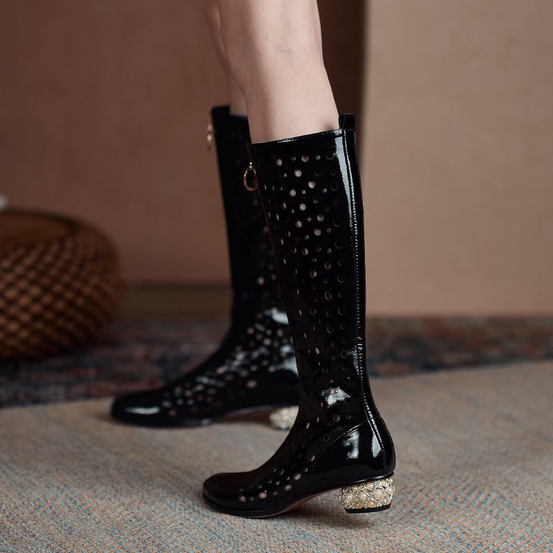 Krazing Pot – bottes d'été à bout rond en microfibre, décorations creuses à la mode, bottes d'été, cuissardes hautes