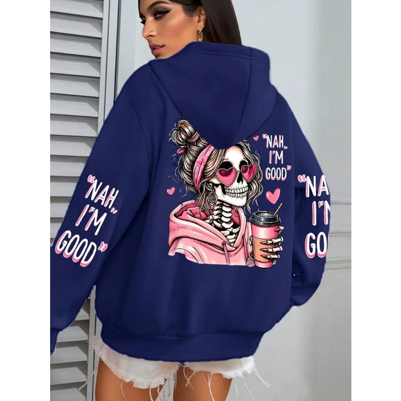 Felpa con cappuccio casual larga da donna, top stampato street fashion